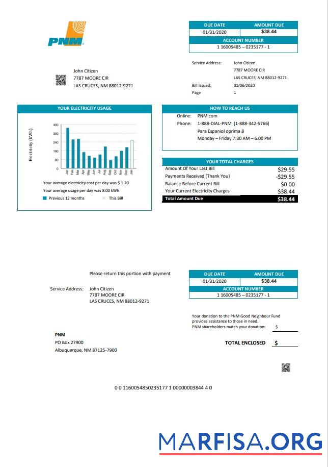 Blank USA New Mexico PNM easy fillable utility bill template in Word and PDF format (.doc and .pdf)